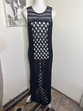 AllSaints Black Elkin Crochet Knit Maxi Dress Bohemian Open Mesh Grunge Gown Sz4